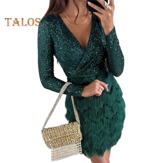Partykleid für Damen mit glitzernden Pailletten, langen Ärmeln, tiefem V-Ausschnitt, Korsett-Minikleid, Herbst/Winter, Cocktail-Galakleid für Party, Abschlussball, Nachtclub