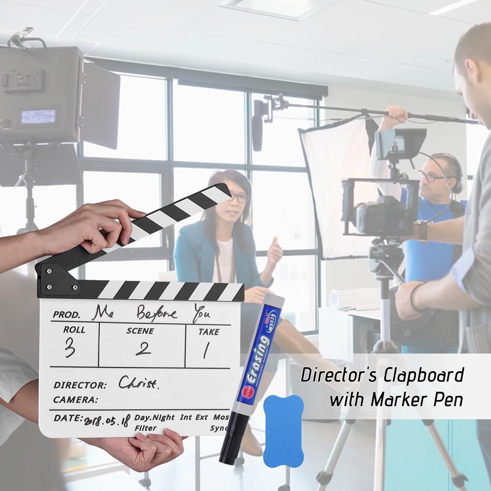 Professional Acrylic Clapboard Dry Erase TV Film Movie Director Cut Action Scene   Board Slate With Marker Pen Eraser