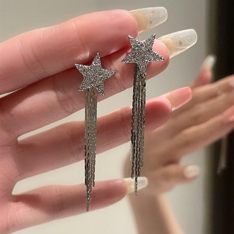 111 silver needle five-pointed star fringed stud earrings women's light luxury niche design high-end earrings fashion temperament earrings