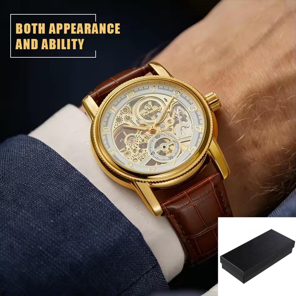 New Men Wrist Watches Luxury Golden Skeleton Mechanical Steampunk Male Clock Automatic Wristwatch Leather Strap Herren Horloges