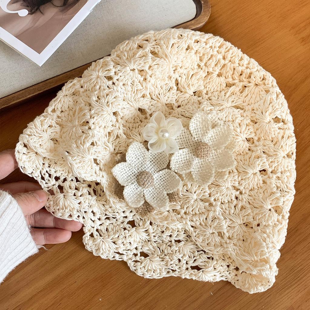 Hand-woven Hollow Flower Bald Hat Spring and Summer Thin Sweet Versatile Big Head Circumference Showing Face Small Pullover Hat
