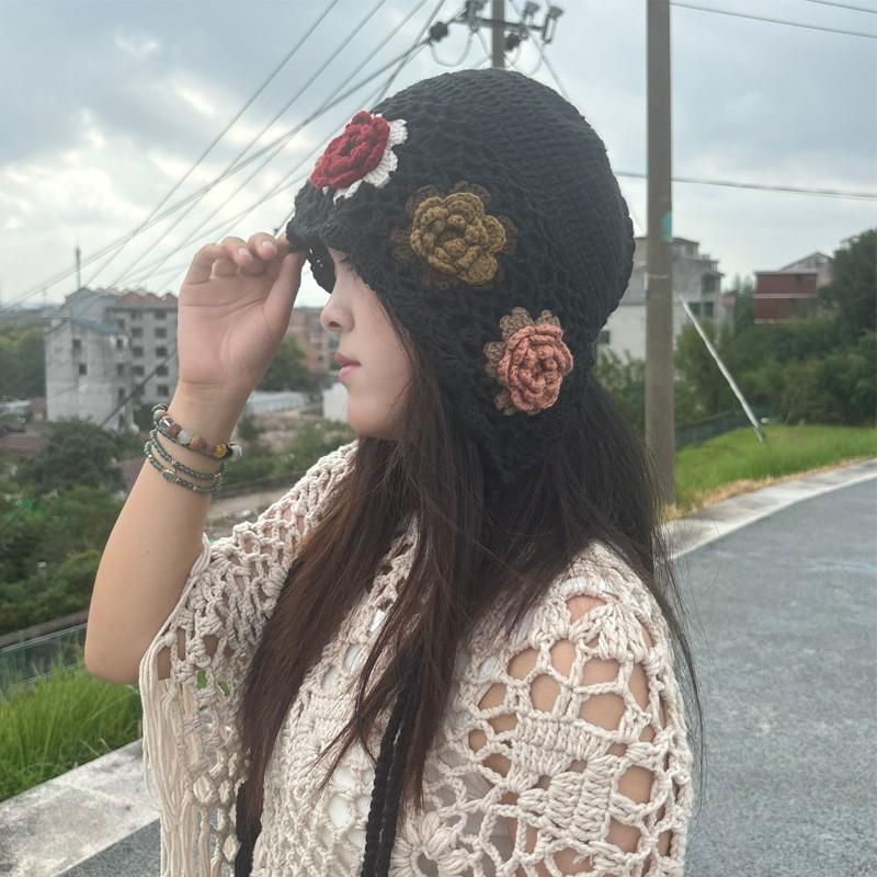 Handmade Crochet Lace Flower Beanie Hat Women Ethnic Style Retro Knit Cap