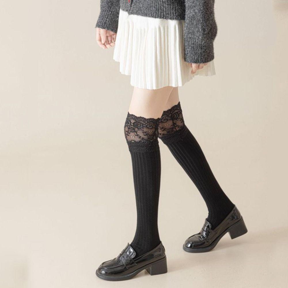 Breathable Girl's Stacked Socks Solid Color Knee High Socks Trendy Knitted Stockings  Lolita Style