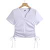 2024 Summer New Style Korean Style Women's T-shirt Fashionable and Versatile Drawstring V-neck Button Short-sleeved Undershirt