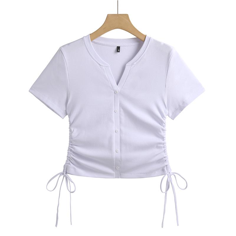 2024 Summer New Style Korean Style Women's T-shirt Fashionable and Versatile Drawstring V-neck Button Short-sleeved Undershirt