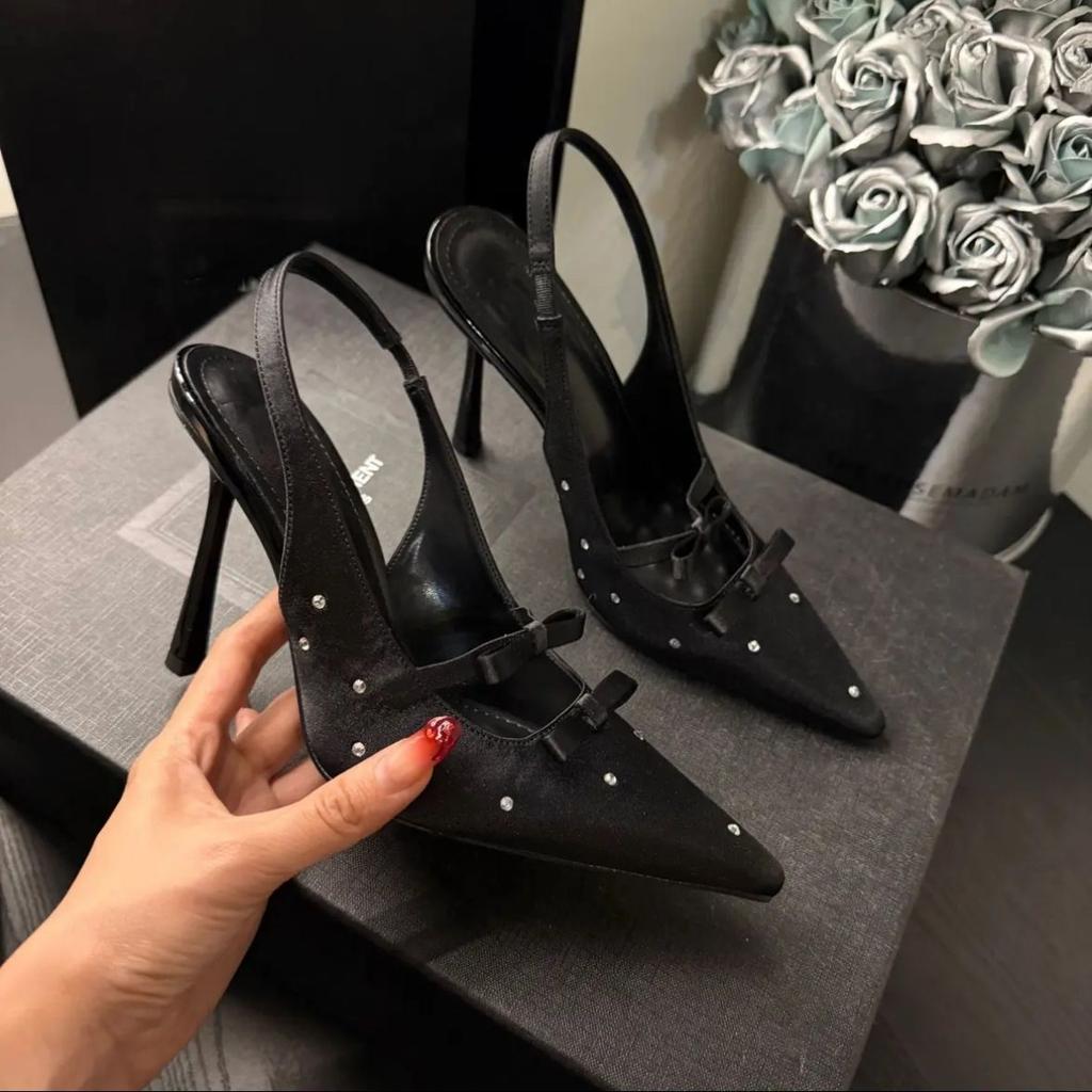 Rhinestone Bow Spring Sexy Black New Socialite Pointed Single Shoes Black Bow High Heels Women