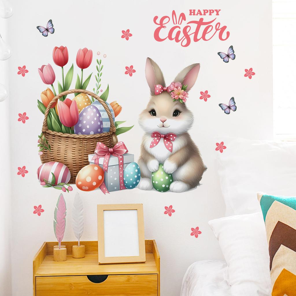 Easter Bunny Flowered Easter Egg Wall Stickers for Bedroom and Living Room Decoration and Beautification Wall Stickers