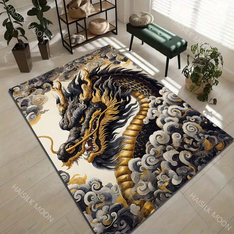 Golden Black Dragon In Clouds Print Carpet Rug for Living Room Bedroom Sofa Doormat Home Decor Non-slip Floor Mat