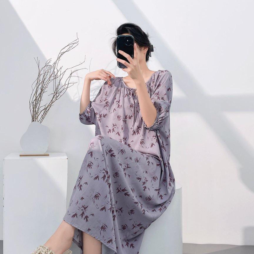 1011 new cotton silk nightdress women's spring thin high-end sweet wind printing knee-length skirt can be worn outside