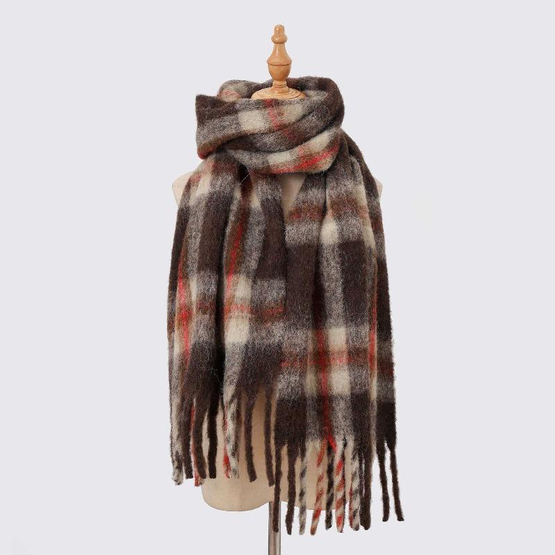 Autumn and Winter Wool Plaid Scarf Women's High-end Imitation Cashmere Versatile Simple Warm Thickened Fringed Scarf