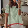 2025 Striped Contrast Knit Sweater: European/American Style, Drop Shoulder, Short Sleeve Top