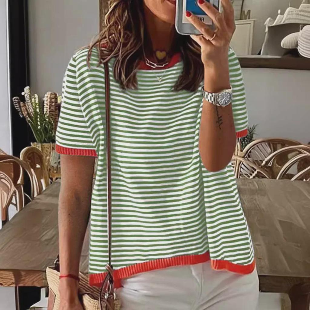 2025 Striped Contrast Knit Sweater: European/American Style, Drop Shoulder, Short Sleeve Top