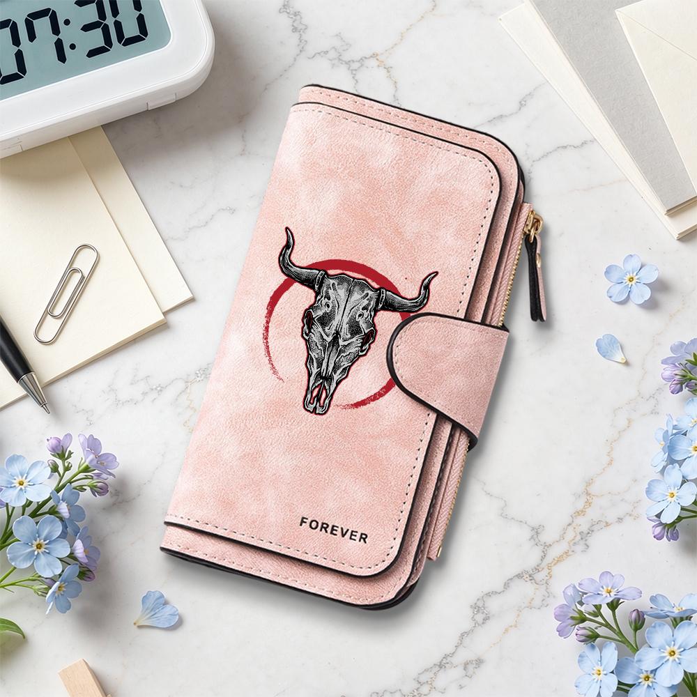 Stylish Bull Skull Pattern Long Wallet Forever Printed Portable Credit Card Holder for Daily Use