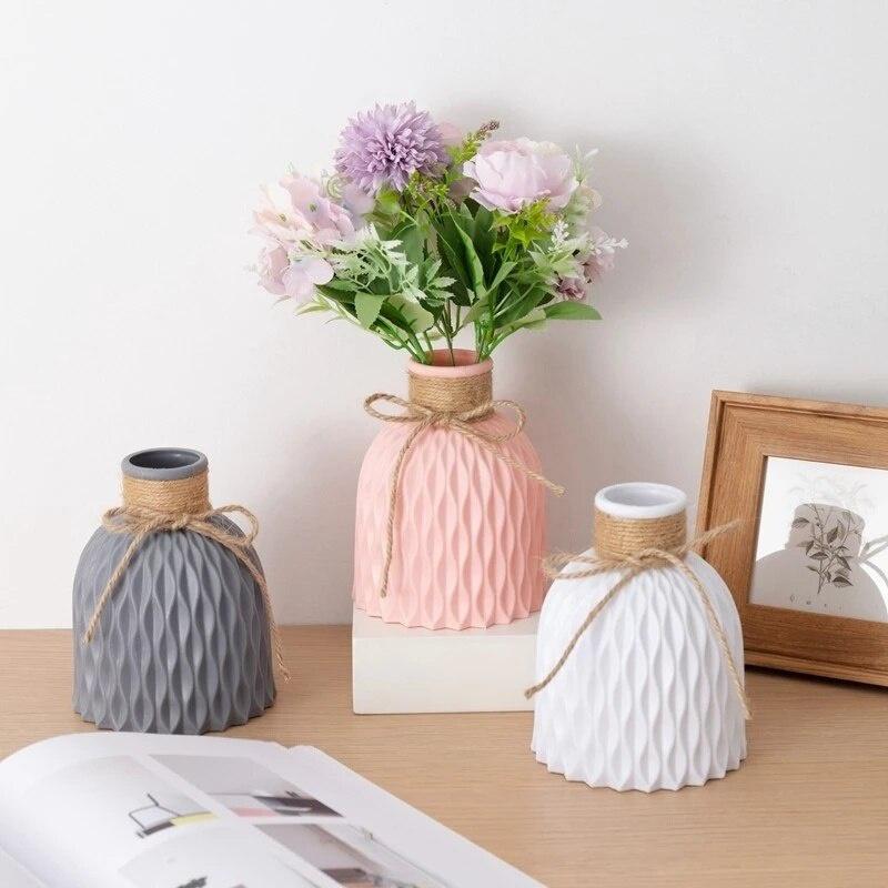 Nordic Flower Plastic Vase White Imitation Ceramic Flower Pot Water Ripples Vase Home Basket Decor for Flower Decoration