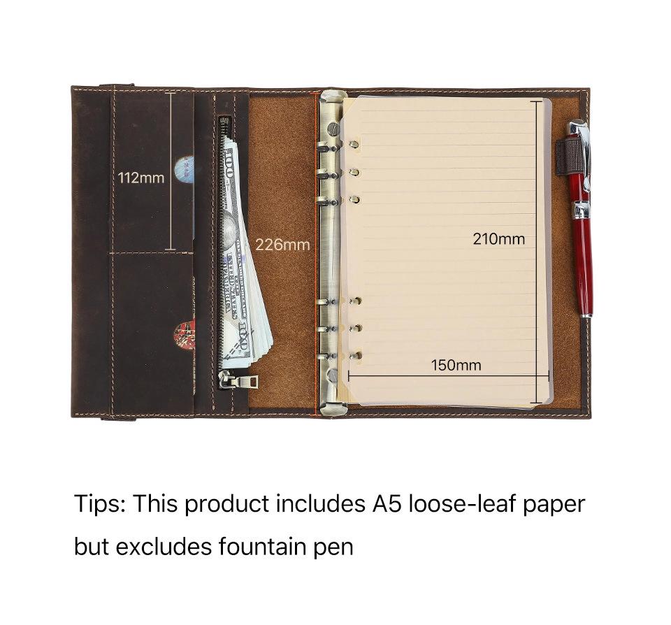 Handmade A5 Crazy Horse Leather Notebook with 6-Ring Binder & Replaceable Pages