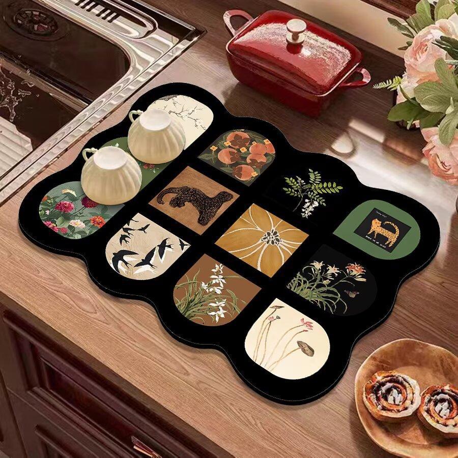 Vintage Kitchen Countertop Draining Mat Tableware Mat Non-Slip Mat Microwave Oven Top Mat Placemat Heat Insulation Mat