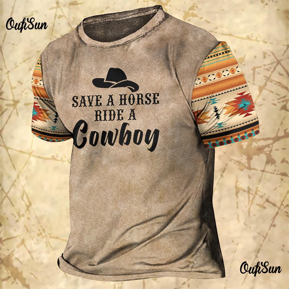 Men's Vintage T-shirts Cowboy Design Western America Tops 3D Printed O-Neck Oversized T-shirt Short Sleeve Streetwear