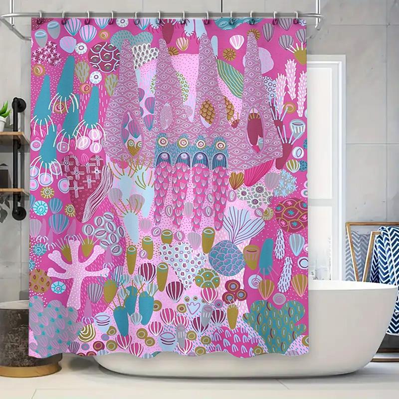 

Colorful Shower Curtain With Cute Animal Design For Bathroom Decor Pink Floral Pattern Made From Recycled Polyester Fabric W60H190(CM)-1 Pcs