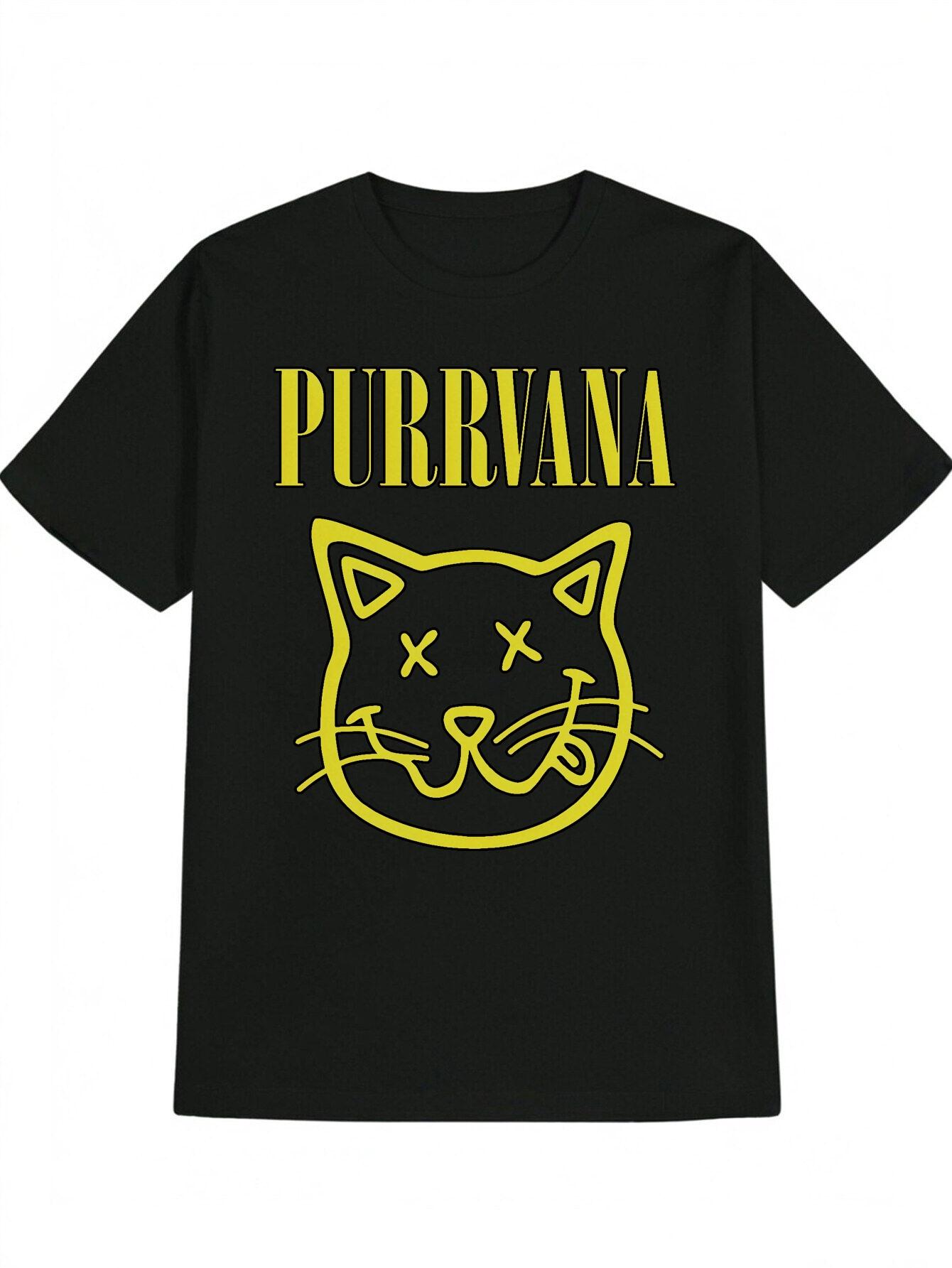Casual Crew Neck T-shirt with  PURRVANA  Cat Graphic Print - Black with Yellow Design S