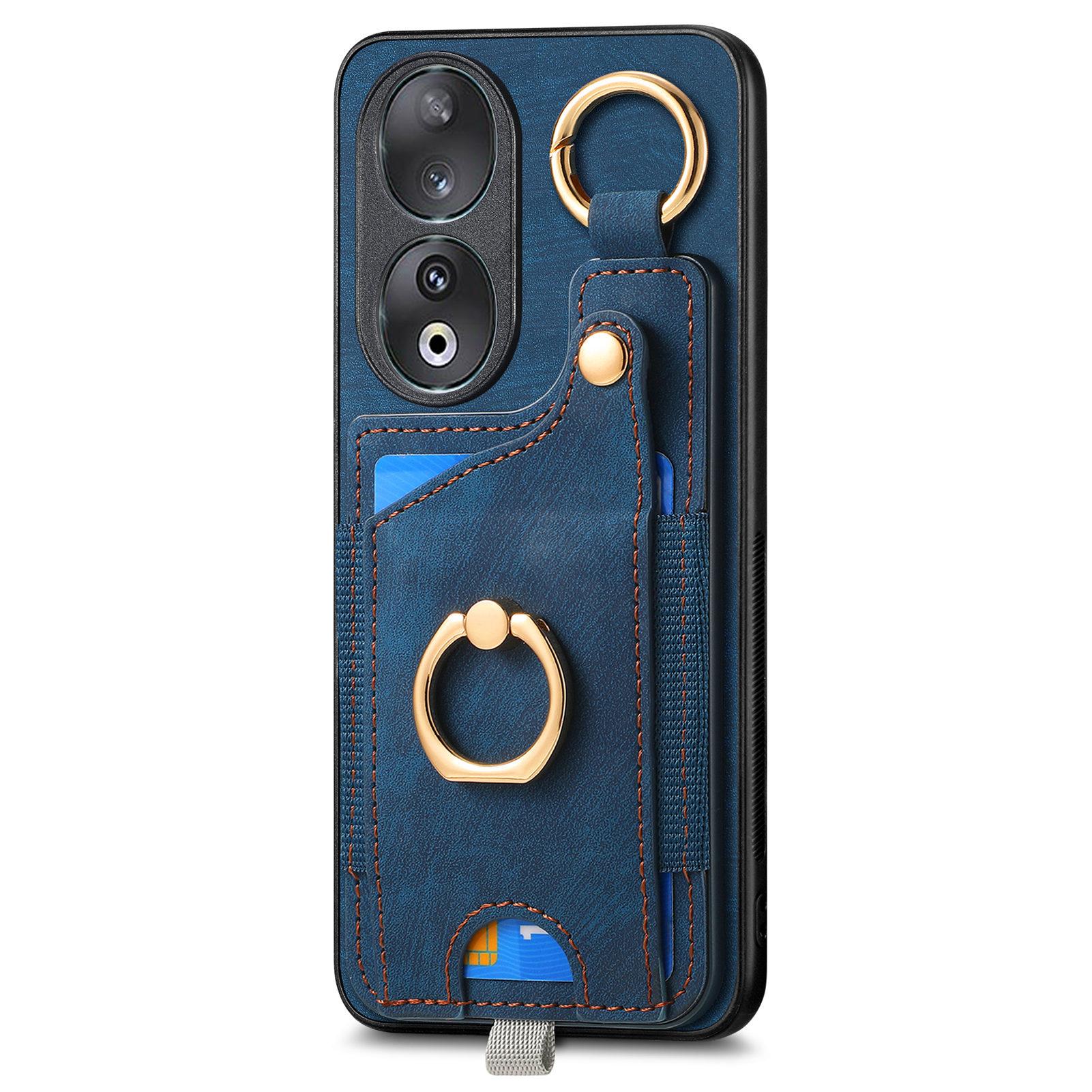 

For Honor 90 Case Retro Leather Back Cover Drop-proof Phone Card Bag Kickstand Blue