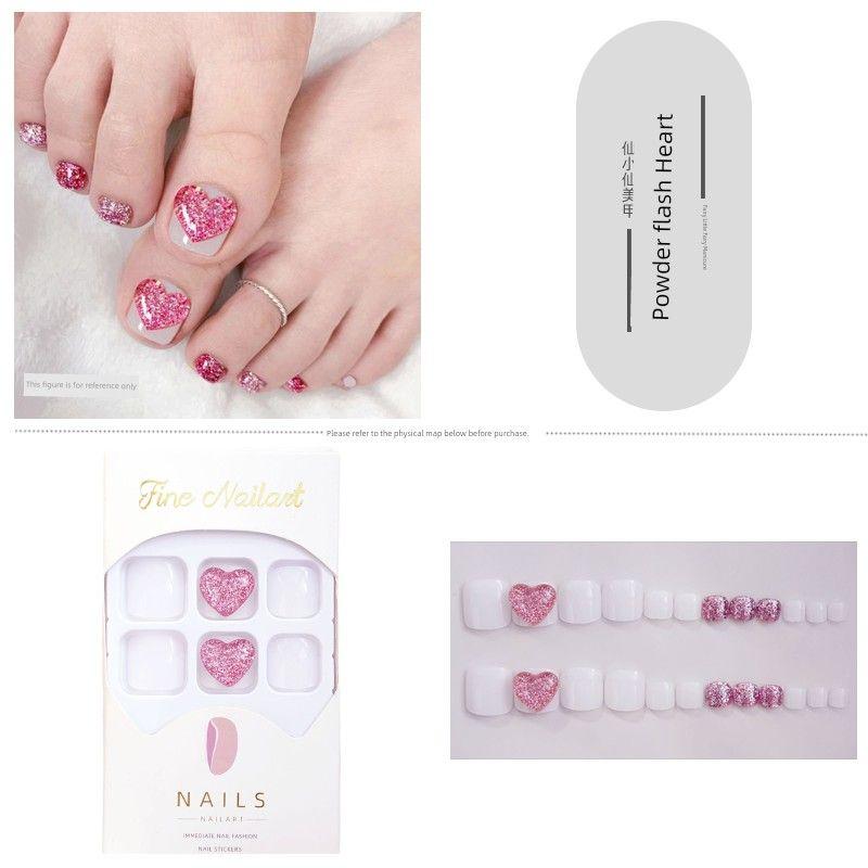 

Creamy-white Silver Diamond Toe Wear Nail Summer Sweet Cool Wind Sexy Nail Stickers Finished Cross-Border Nail Fake Nails 160-Powder flash Heart