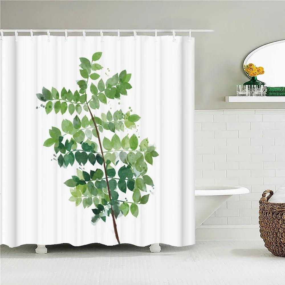 Waterproof Fabric Shower Curtain Printing Fresh Green Plant Leaves Bathroom Curtains Polyester Decoration Bath Screen With Ho