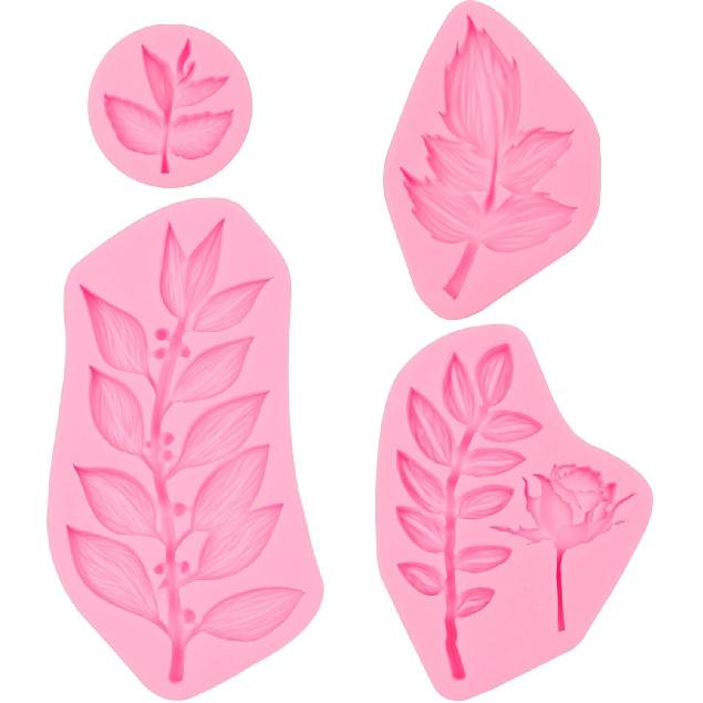 Rose Leaves Silicone Mold Set, 5 Pieces, Pink Fondant Molds for Cake Decorating