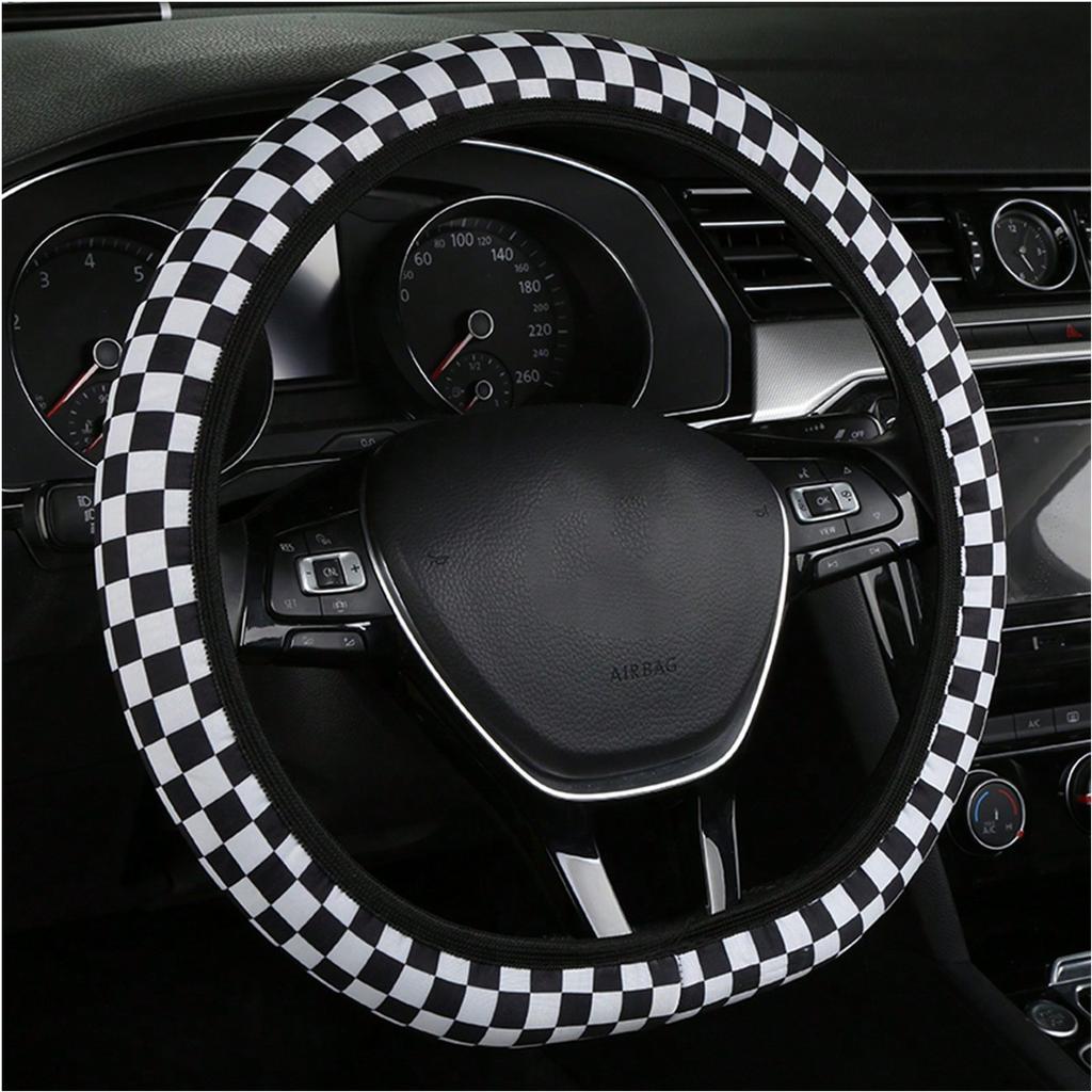 1pc Universal Car Steering Wheel Cover, Four Seasons Breathable Sweat-Proof Anti-Slip Cute Cartoon Checker Checkerboard Color Splicing Web Celebrity
