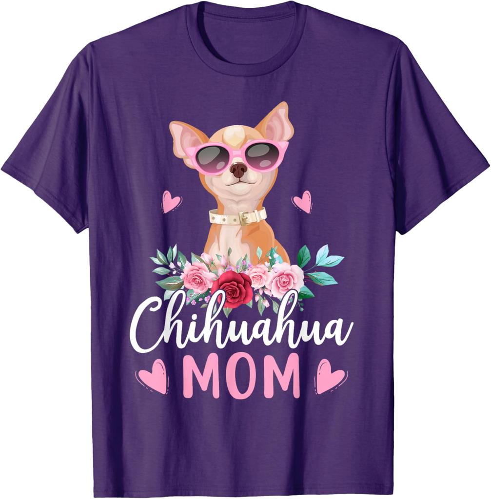 Chihuahua Mom Sunglasses Flower Graphic T-Shirt Cute Dog Lover Casual Crewneck Tee