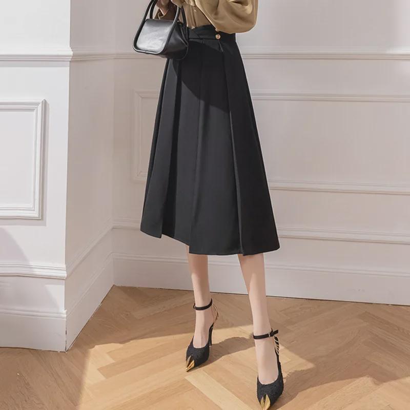 2024 Sommer A-linje Plissert Midi-skjørt for kvinner - Høy midje, Hofte-dekkende, Slankende passform