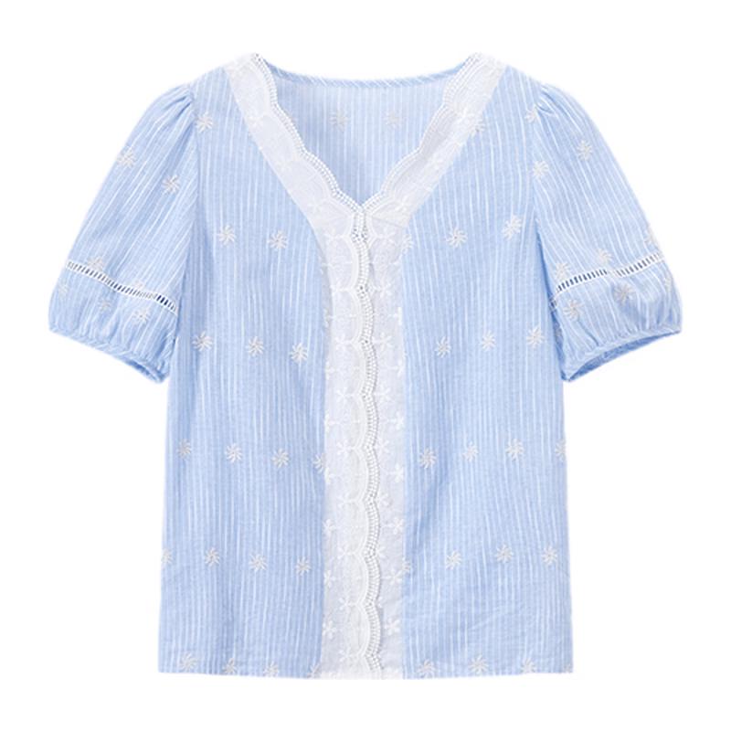 

French V-Neck Bubble Sleeve Jacquard Lace Cotton Shirt M