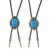 Adjustable Length Cowboy Rodeos Necktie with Crack Turquoises Stone And Alloy Detail Western Leather Bolo Tie Necklace