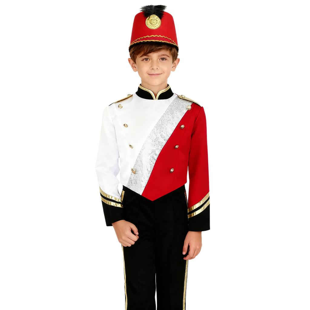 Boys Marching Band Uniform Stand Collar Long Sleeve Sequins Patchwork Color Block Design Epaulets Buttons Hat Set