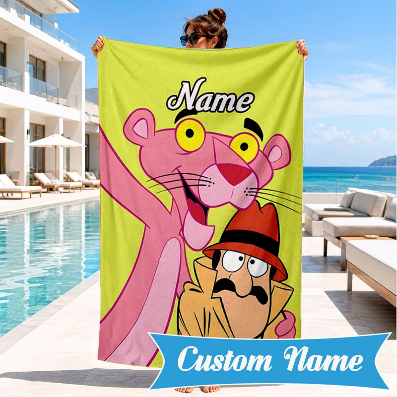 Benutzerdefinierter Name Pink-Panther Herz Im Weltraum Abenteuer Mikrofaser Strandtuch, Leicht für Sommerreisen, Schwimmbad Fan Geschenk