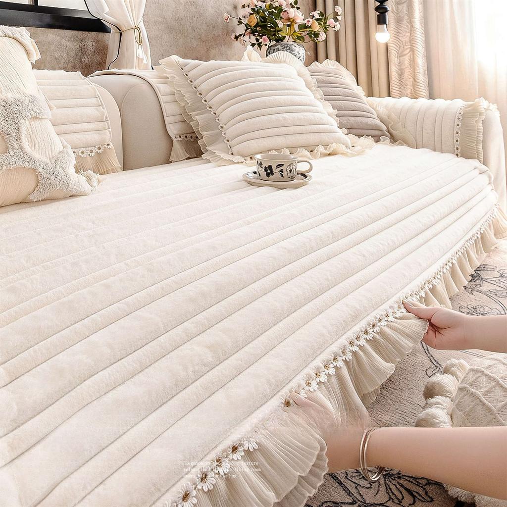 Cream Style Sofa Cover Cloth Thickened New Straight Row Anti Slip Sofa Cushion Cover Soft One-piece Autumn and Winter Season