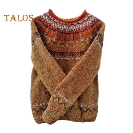 Damen Pullover Rundhals Langarm Häkelstrickpullover Geometrisches Muster Patchwork Farbe Stricktop