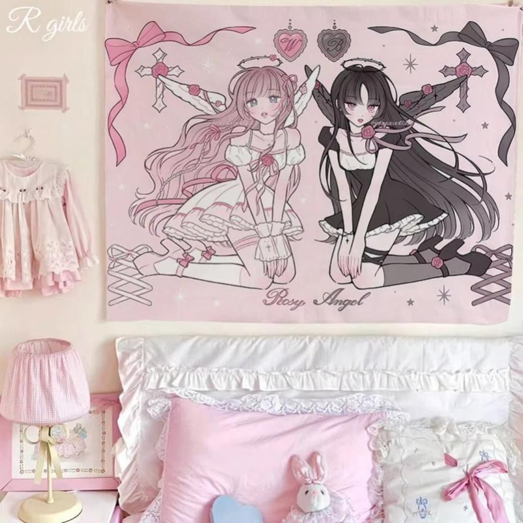 Hot Anime Tapestry DéCor Pastel Pink Anime Girls Tapestry Home Decoration Stylish Wall Hanging For Teen Bedroom Living Room Flag
