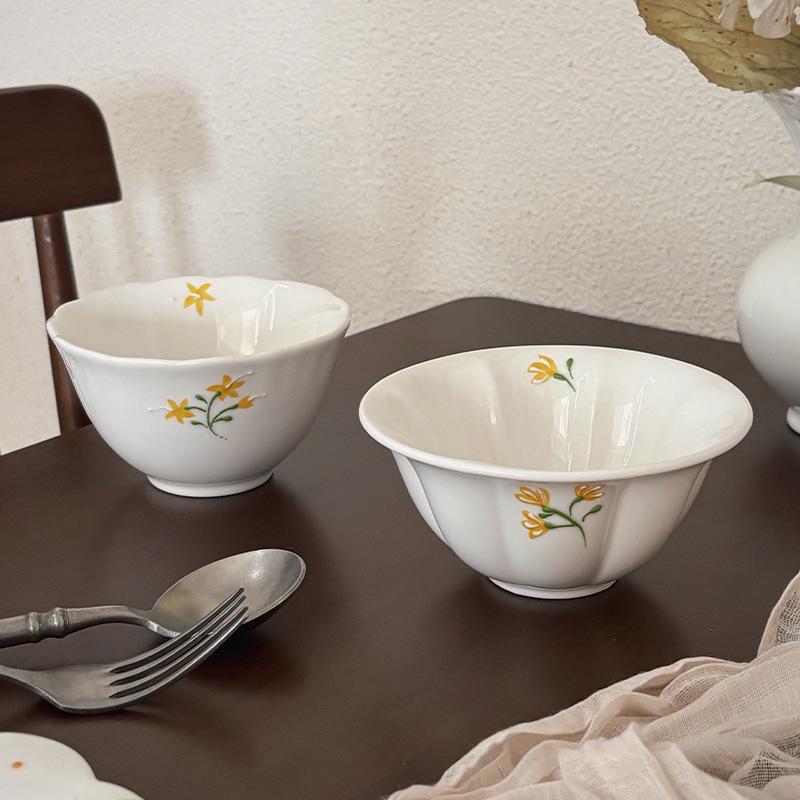 Small Yellow Flower High-Value Tableware Set, Ceramic Plate Of Small Fresh Ceramic Bowl, Rice Bowl, Binaural Bowl