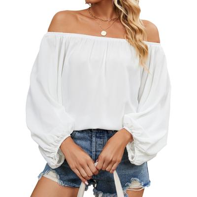 Women Off Shoulder Top Long Sleeves Elastic Neckline Pure Color Casual T Shirt for Daily Wear White