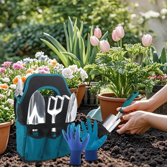 1 Set Gardening Tools Ergonomic Hand Trowels Rake Bypass Pruner Gloves Transplanting Mat Heavy Duty Hand Tools with Carrying Tote for Home Gardening