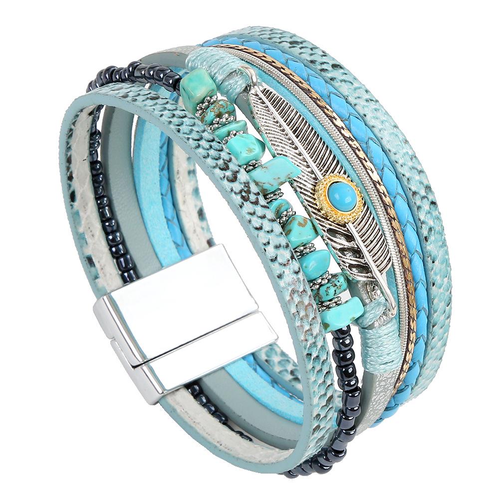 Korean Style Leather Bracelet with Feather & Turquoise for Women & Men