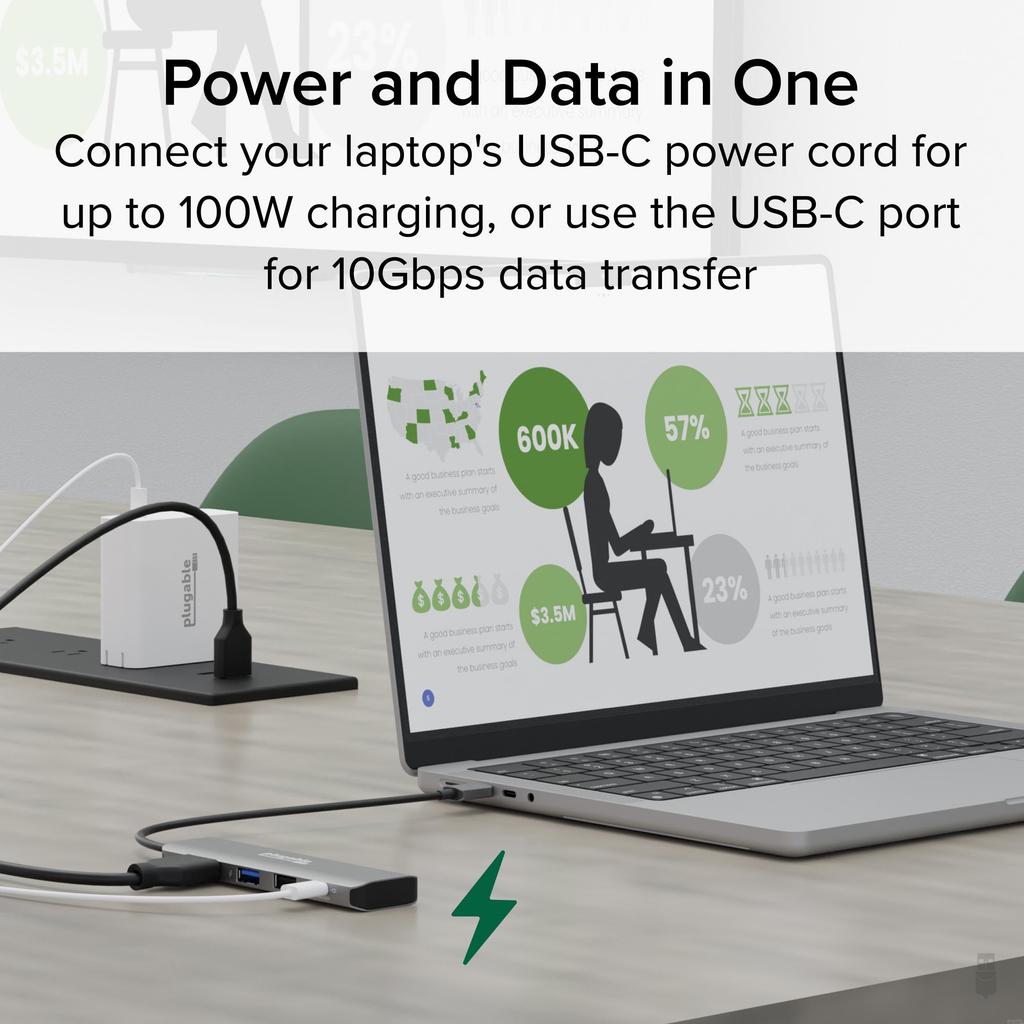 Plugable Hub with 100W 4K 60Hz HDMI Thunderbolt Compatible USB-C 4-in-1 Multi-Port Pass-Through Charging, Port, Windows, Mac, Chromebook,