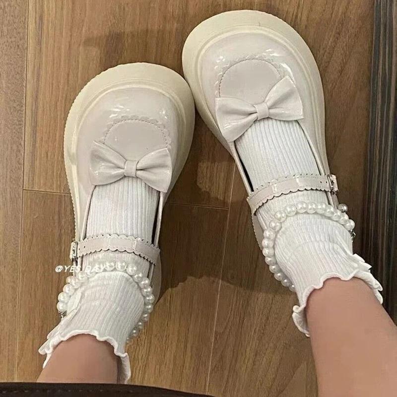 Fashion ZOKI Lovely Pearl Strap Lolita Shoes for Women Sweet Bowtie Platform Mary Janes Woman Patent Leather Non-Slip Cute Flats 2025