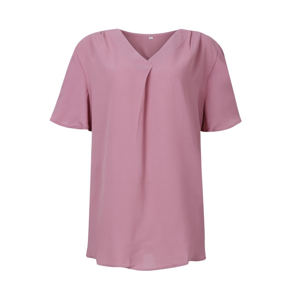 Women's Summer T-shirt Casual Short Sleeve V-neck Solid Color Loose Chiffon Shirt  Top