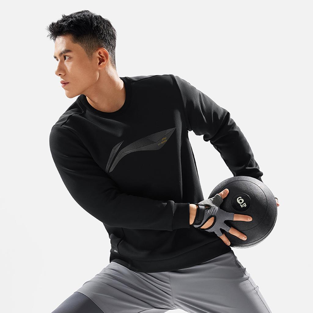 Li Ning Fitness Series Sports Fashion Letter Round Neck Loose Comfortable Warm Fleece Long Sleeve Sweatshirt Men sweatshirt Black AWDU567-1