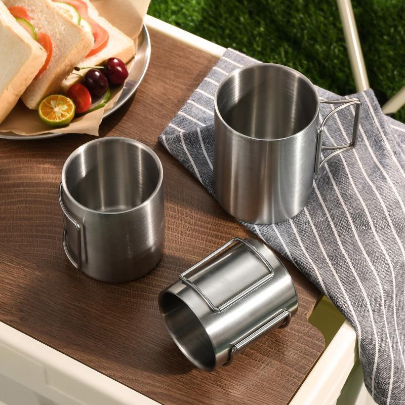Camping Cup Tableware Nature Hike Travel Picnic Portable Mug Cupped Stainless Steel Water Cup Mug with Foldable Handle Cookware