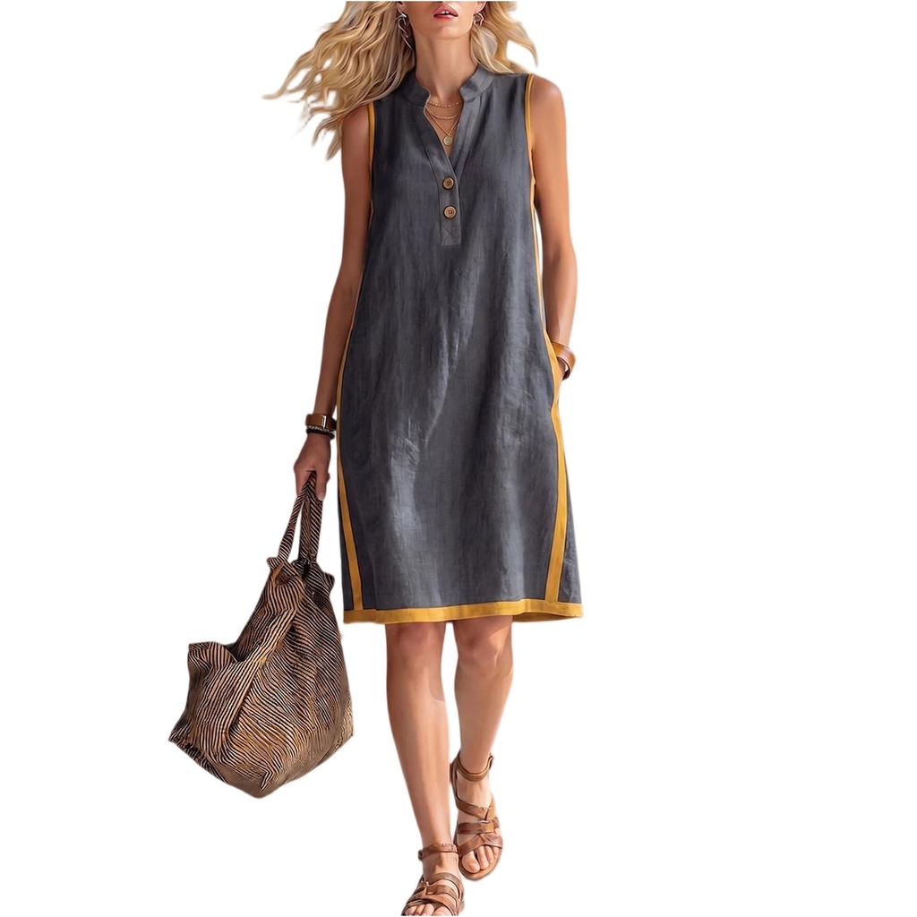 Dámské letní šaty bez rukávů s výstřihem do V, ležérní volný střih, směs lnu a bavlny, délka ke kolenům, tunikové šaty s knoflíky
