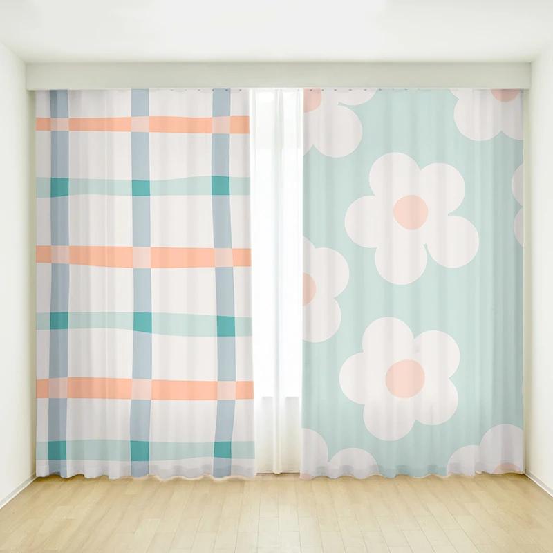 Bedroom Curtain Cartoon Green Simple Creative Flower Art Girl Children's Room Study Bay Window Curtain High Shading 2 Pcs New