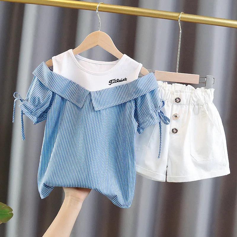 Girls Summer Fresh Suit Baby Striped Strapless Short Sleeve Tops + Shorts 2 Piece Set