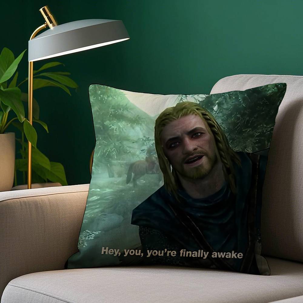 Hey Du Du bist endlich aufgewacht Skyrim Meme Kissenbezug Gemütlicher Plüsch-Kissenbezug Beidseitig bedruckt – Wohngeschenk für Schlafzimmerdeko